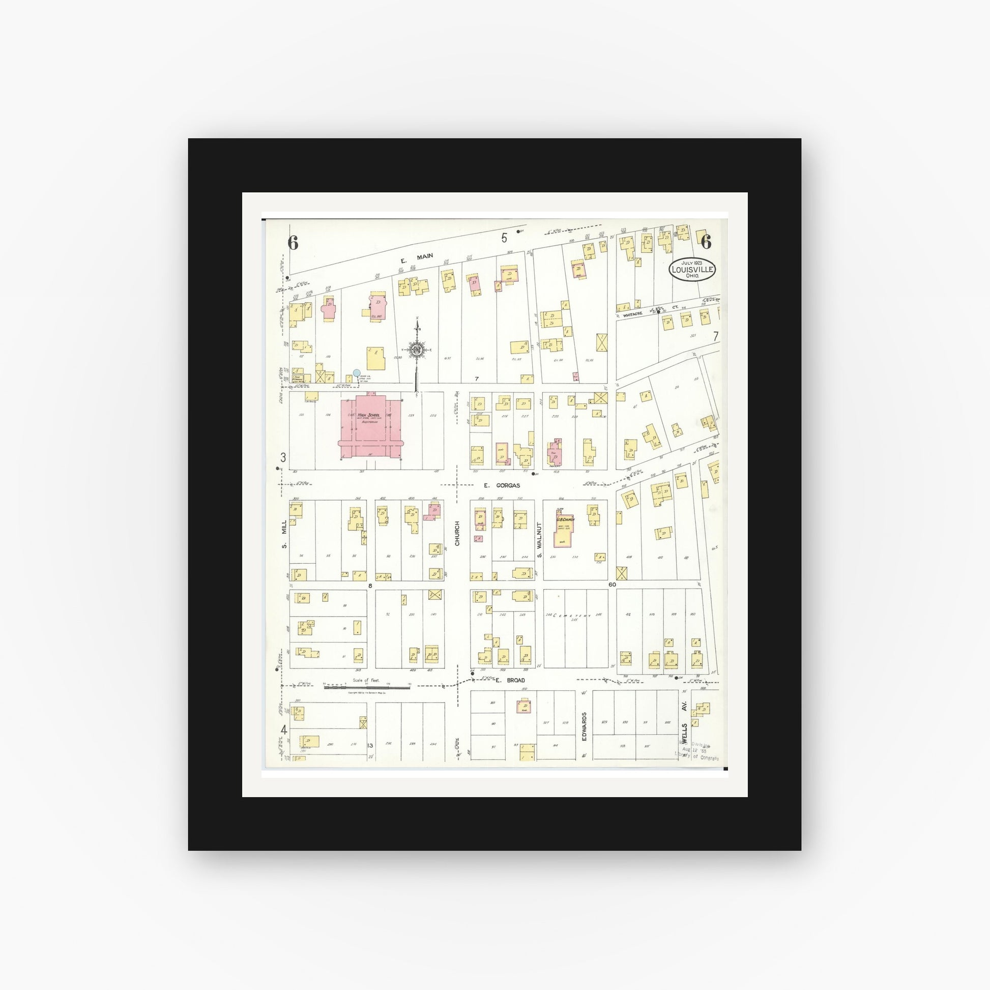 Old map wall art mockup — black gallery frame with white mat — Sanborn Fire Insurance Map from Louisville, Stark County, Ohio (1923), Sheet #0006