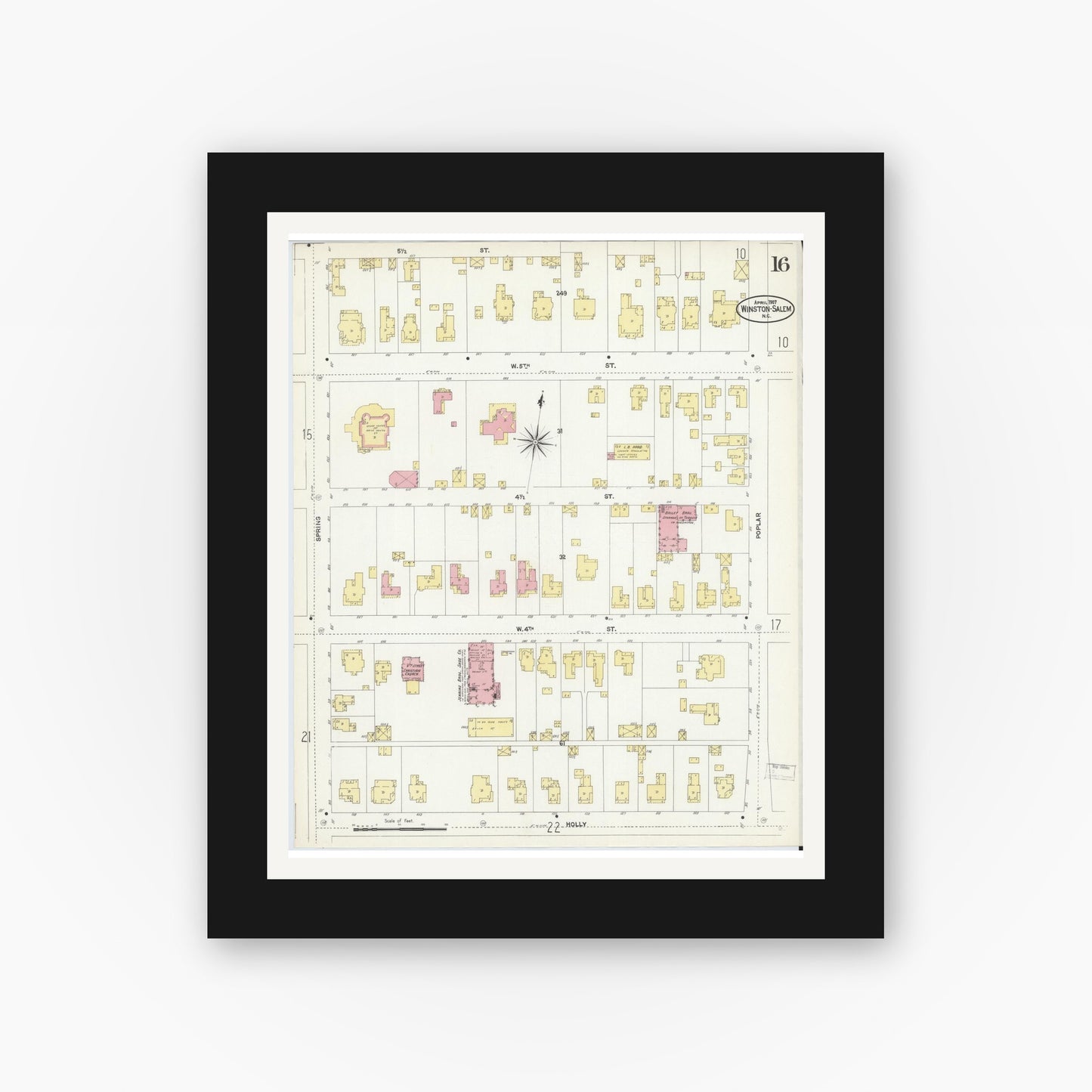 Old map wall art mockup — black gallery frame with white mat — Sanborn Fire Insurance Map from Winston-Salem, Forsyth County, North Carolina (1907), Sheet #0016