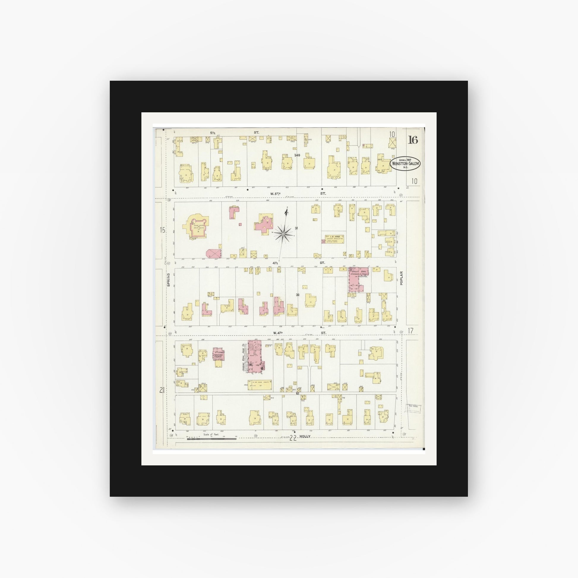 Old map wall art mockup — black gallery frame with white mat — Sanborn Fire Insurance Map from Winston-Salem, Forsyth County, North Carolina (1907), Sheet #0016
