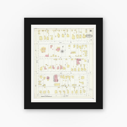 Old map wall art mockup — black gallery frame with white mat — Sanborn Fire Insurance Map from Winston-Salem, Forsyth County, North Carolina (1907), Sheet #0016