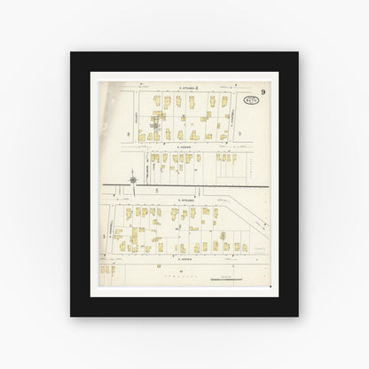 Old map wall art mockup — black gallery frame with white mat — Sanborn Fire Insurance Map from Bath, Steuben County, New York (1915), Sheet #0009