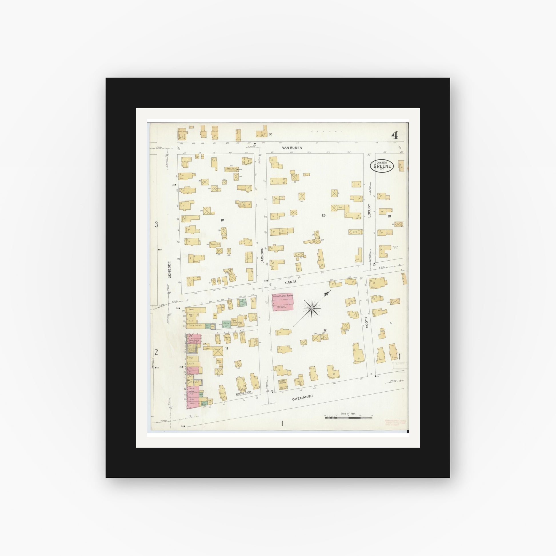 Old map wall art mockup — black gallery frame with white mat — Sanborn Fire Insurance Map from Greene, Chenango County, New York (1908), Sheet #0004