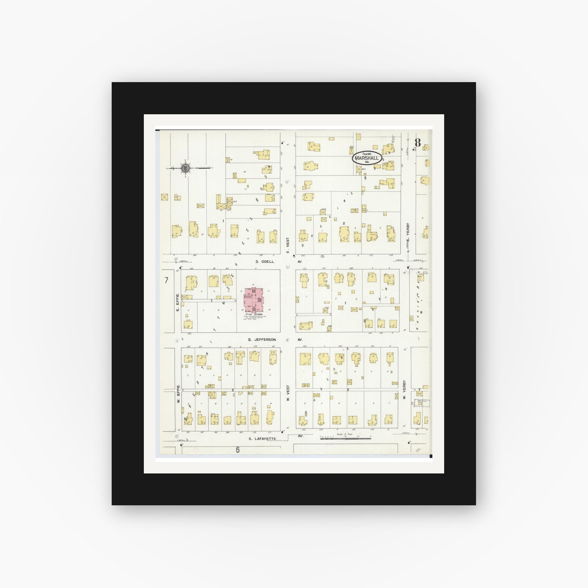 Old map wall art mockup — black gallery frame with white mat — Sanborn Fire Insurance Map from Marshall, Saline County, Missouri (1910), Sheet #0008