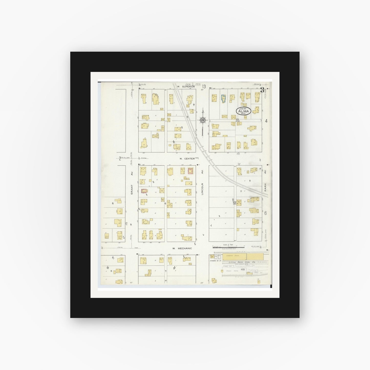 Old map wall art mockup — black gallery frame with white mat — Sanborn Fire Insurance Map from Alma, Gratiot County, Michigan (1917), Sheet #0003