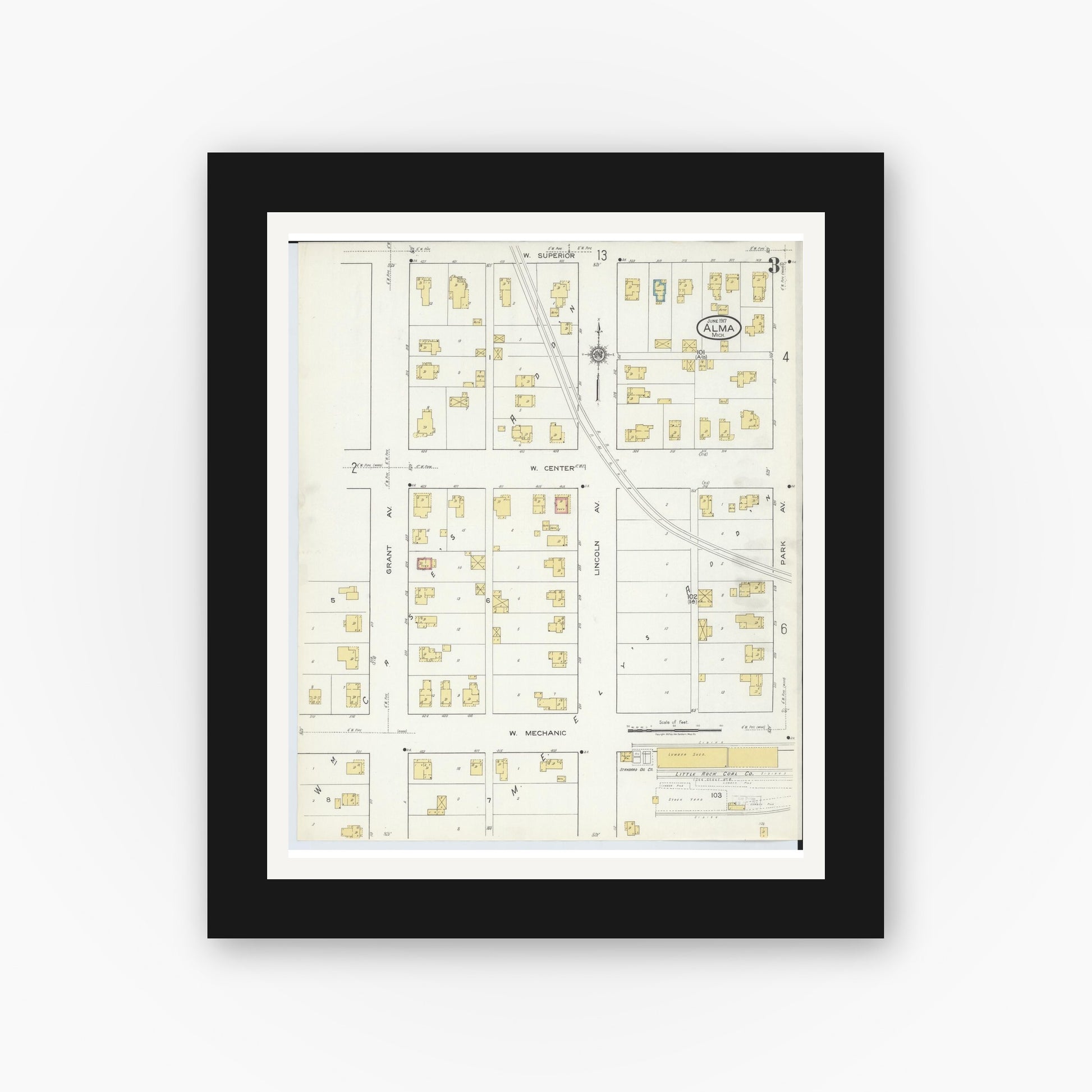 Old map wall art mockup — black gallery frame with white mat — Sanborn Fire Insurance Map from Alma, Gratiot County, Michigan (1917), Sheet #0003