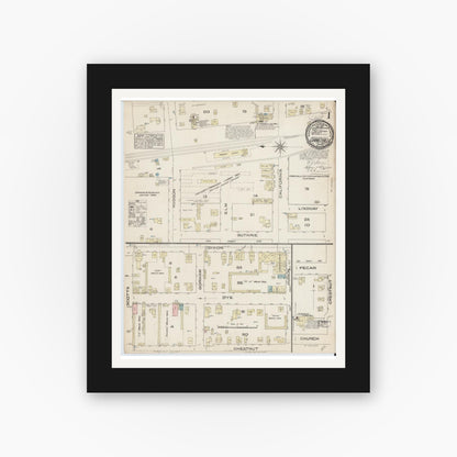 Old map wall art mockup — black gallery frame with white mat — Sanborn Fire Insurance Map from Gainesville, Cooke County, Texas (1885) - Complete Map Set