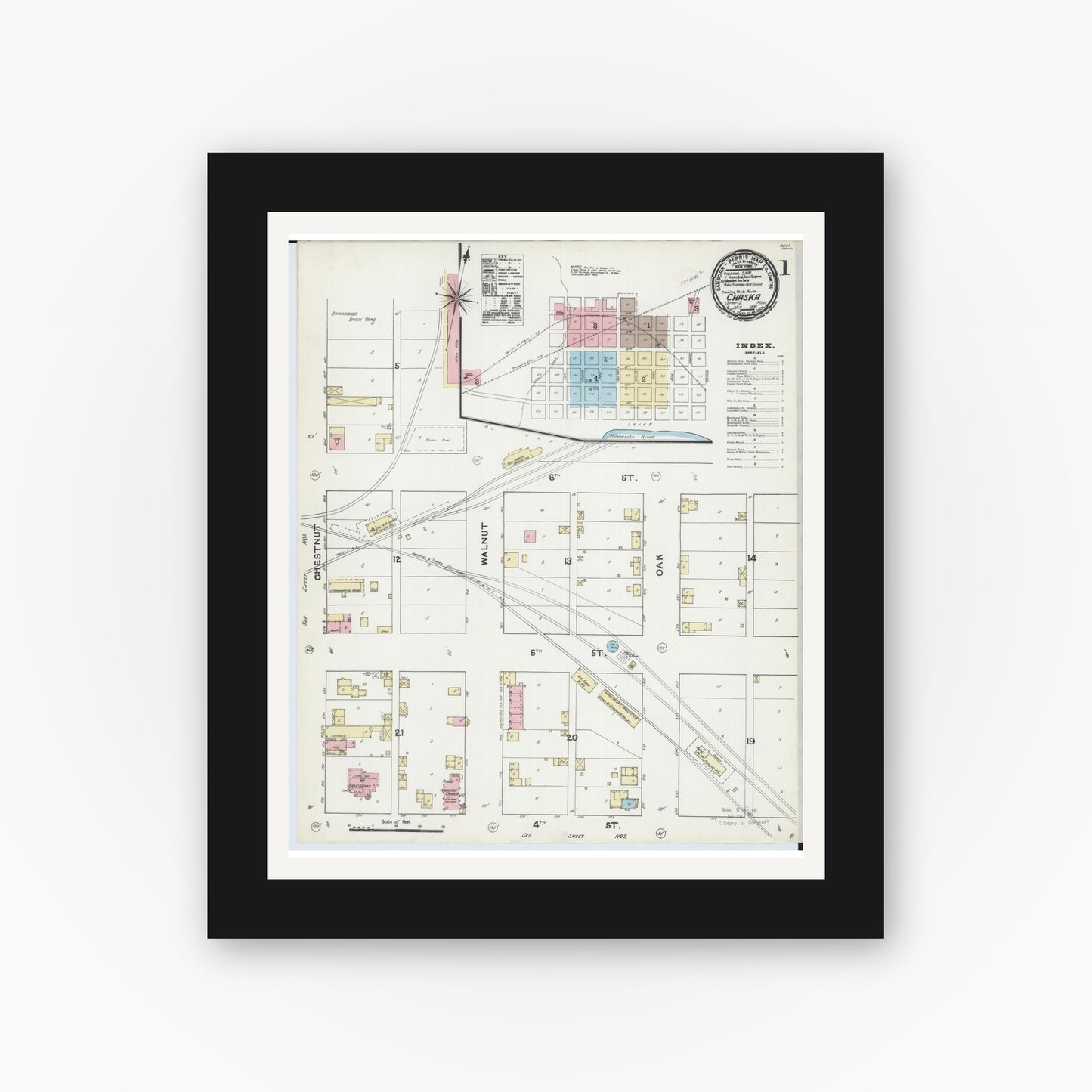 Old map wall art mockup — black gallery frame with white mat — Sanborn Fire Insurance Map from Chaska, Carver County, Minnesota (1891), Sheet #0001