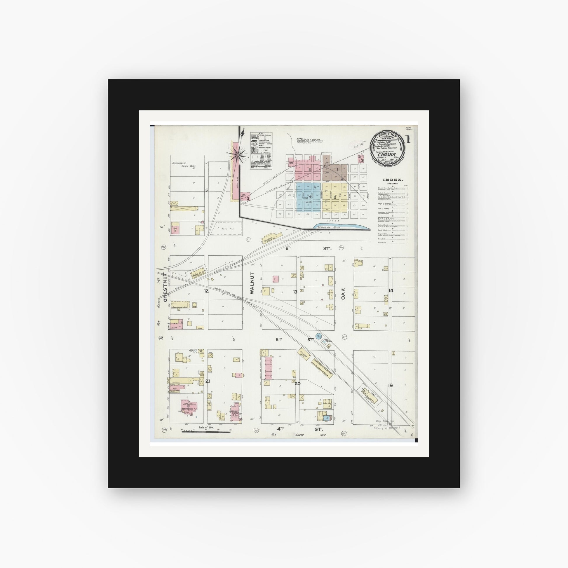 Old map wall art mockup — black gallery frame with white mat — Sanborn Fire Insurance Map from Chaska, Carver County, Minnesota (1891), Sheet #0001