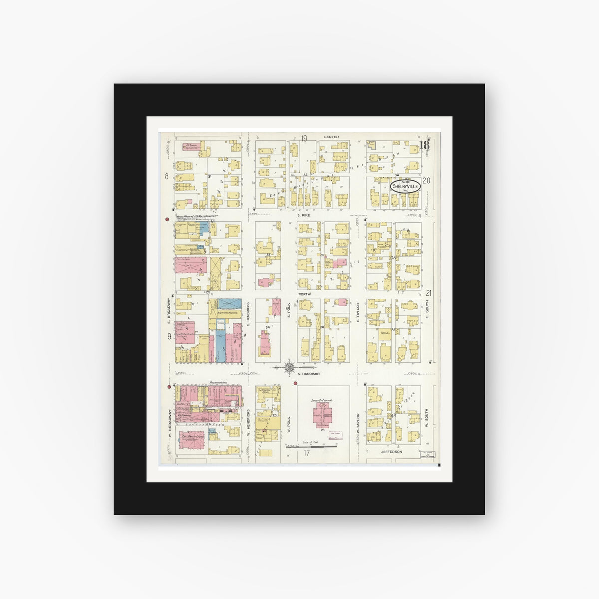 Old map wall art mockup — black gallery frame with white mat — Sanborn Fire Insurance Map from Shelbyville, Shelby County, Indiana (1910), Sheet #0018