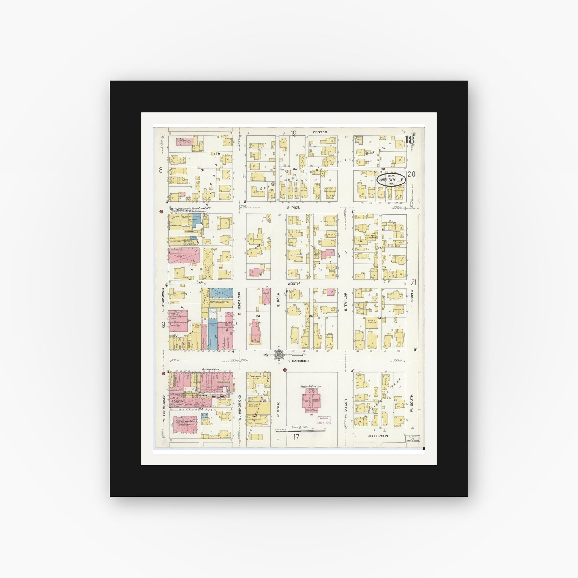 Old map wall art mockup — black gallery frame with white mat — Sanborn Fire Insurance Map from Shelbyville, Shelby County, Indiana (1910), Sheet #0018