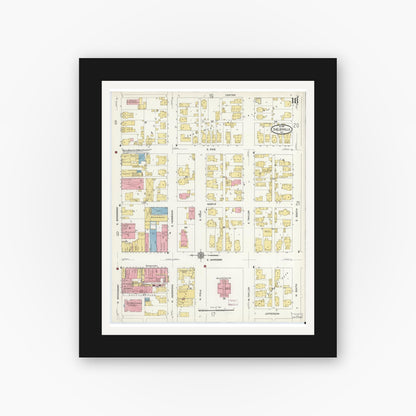 Old map wall art mockup — black gallery frame with white mat — Sanborn Fire Insurance Map from Shelbyville, Shelby County, Indiana (1910), Sheet #0018