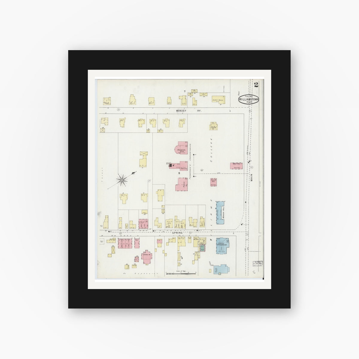 Old map wall art mockup — black gallery frame with white mat — Sanborn Fire Insurance Map from Williamstown, Berkshire County, Massachusetts (1895), Sheet #0002