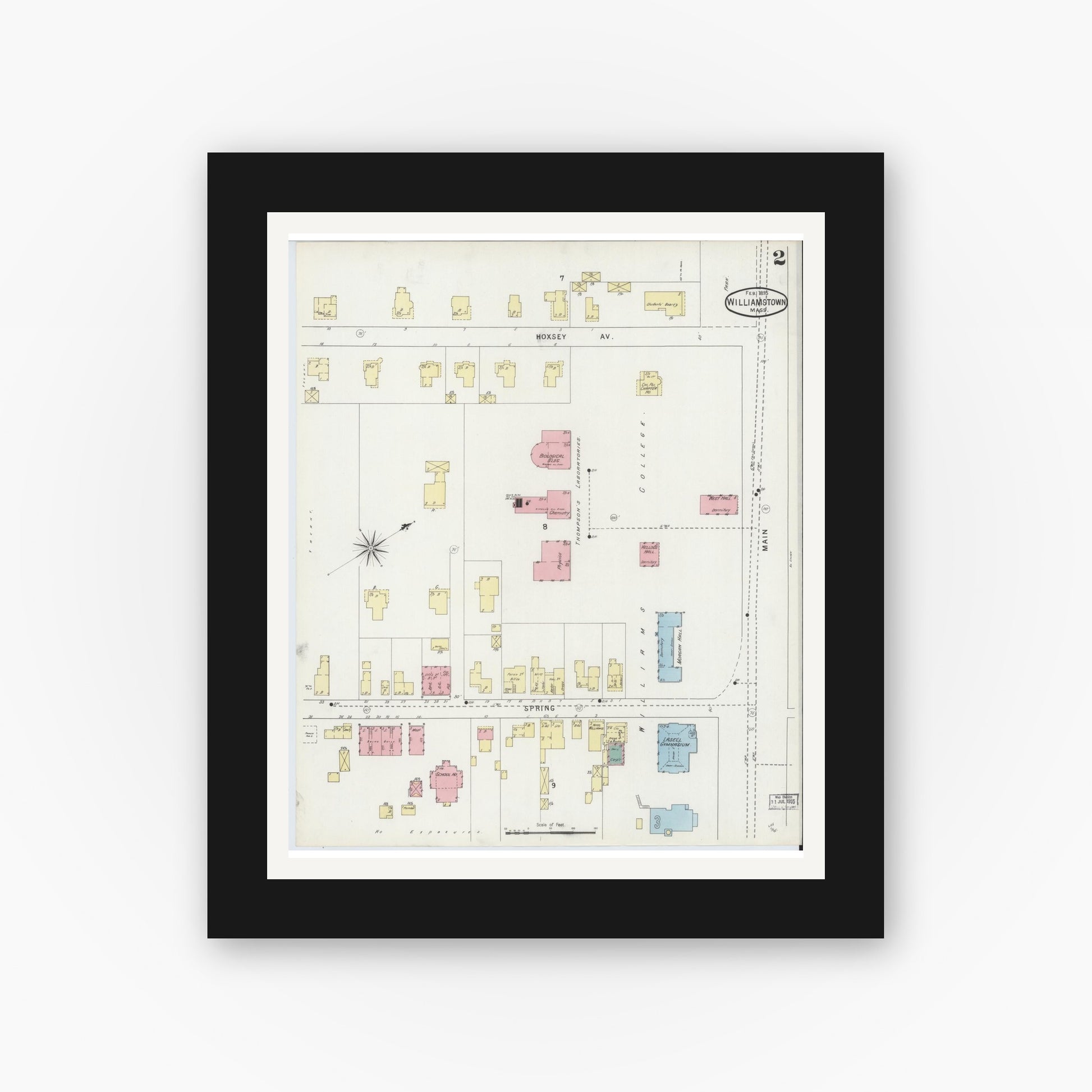 Old map wall art mockup — black gallery frame with white mat — Sanborn Fire Insurance Map from Williamstown, Berkshire County, Massachusetts (1895), Sheet #0002