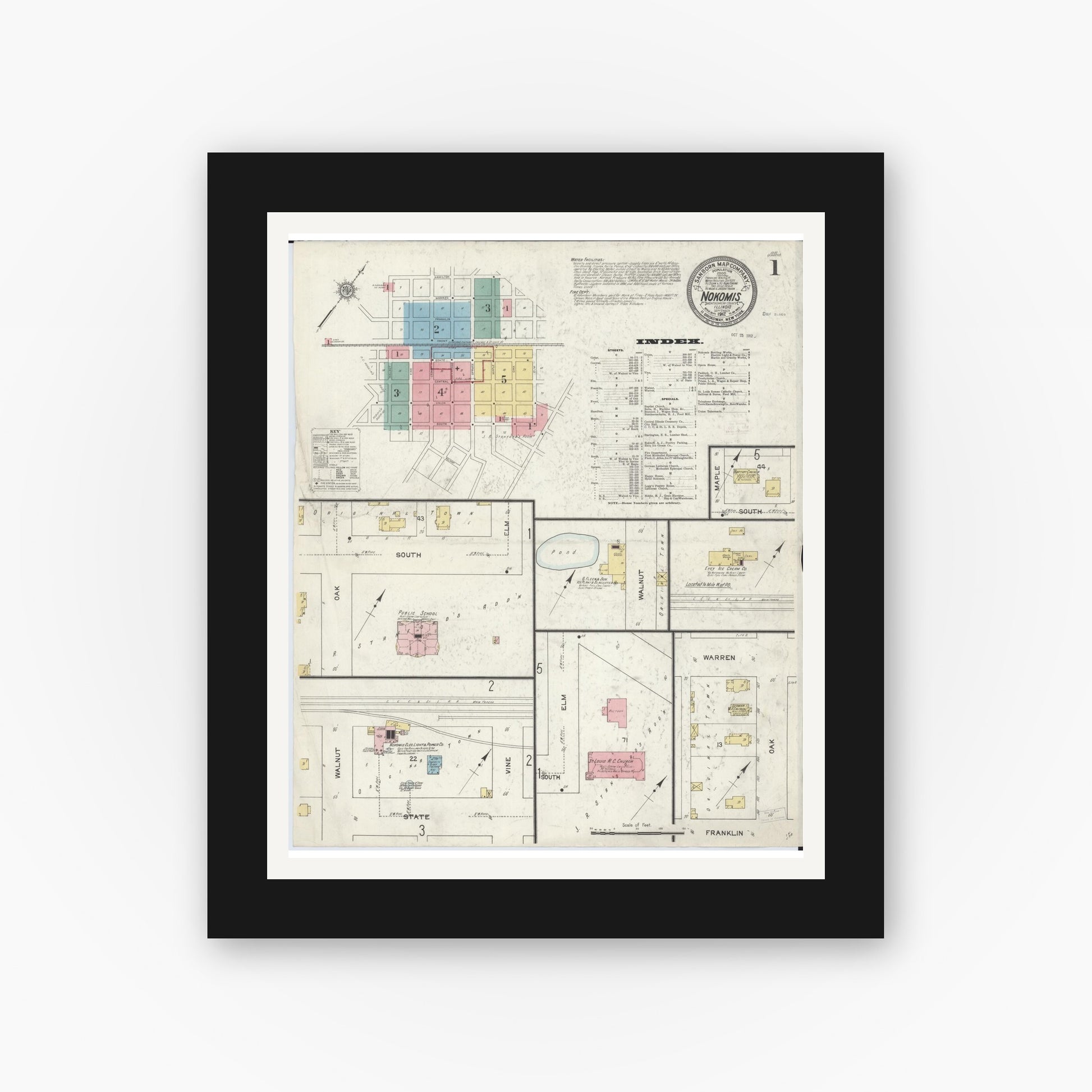Old map wall art mockup — black gallery frame with white mat — Sanborn Fire Insurance Map from Nokomis, Montgomery County, Illinois (1912), Sheet #0001
