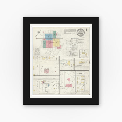 Old map wall art mockup — black gallery frame with white mat — Sanborn Fire Insurance Map from Nokomis, Montgomery County, Illinois (1912), Sheet #0001