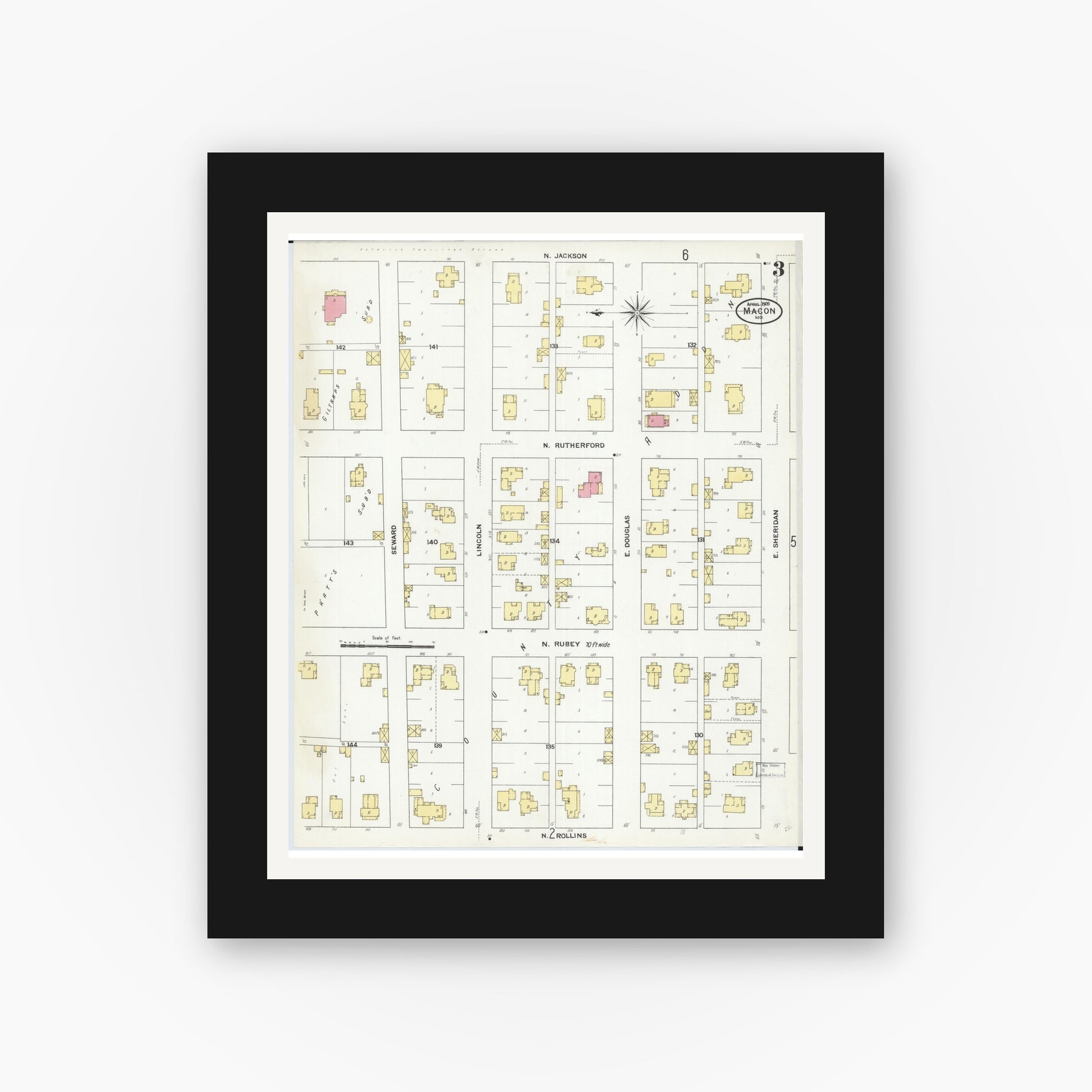 Old map wall art mockup — black gallery frame with white mat — Sanborn Fire Insurance Map from Macon, Macon County, Missouri (1909), Sheet #0003