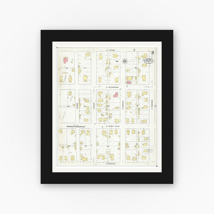 Old map wall art mockup — black gallery frame with white mat — Sanborn Fire Insurance Map from Macon, Macon County, Missouri (1909), Sheet #0003