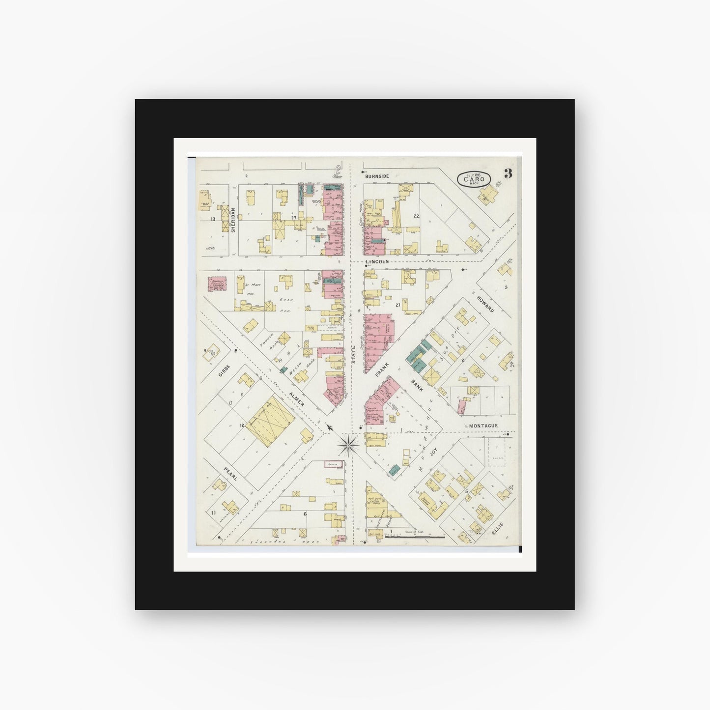 Old map wall art mockup — black gallery frame with white mat — Sanborn Fire Insurance Map from Caro, Tuscola County, Michigan (1895), Sheet #0003