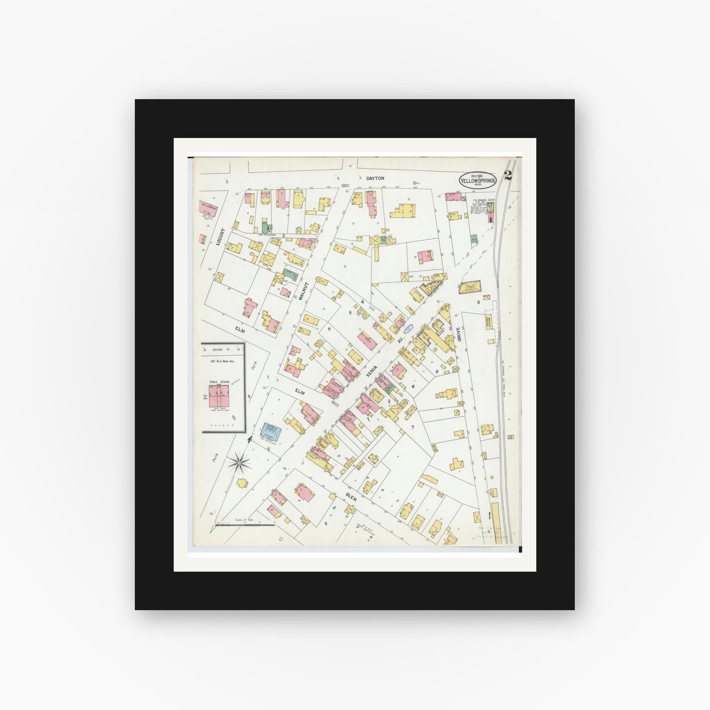 Old map wall art mockup — black gallery frame with white mat — Sanborn Fire Insurance Map from Yellow Springs, Greene County, Ohio (1901), Sheet #0002