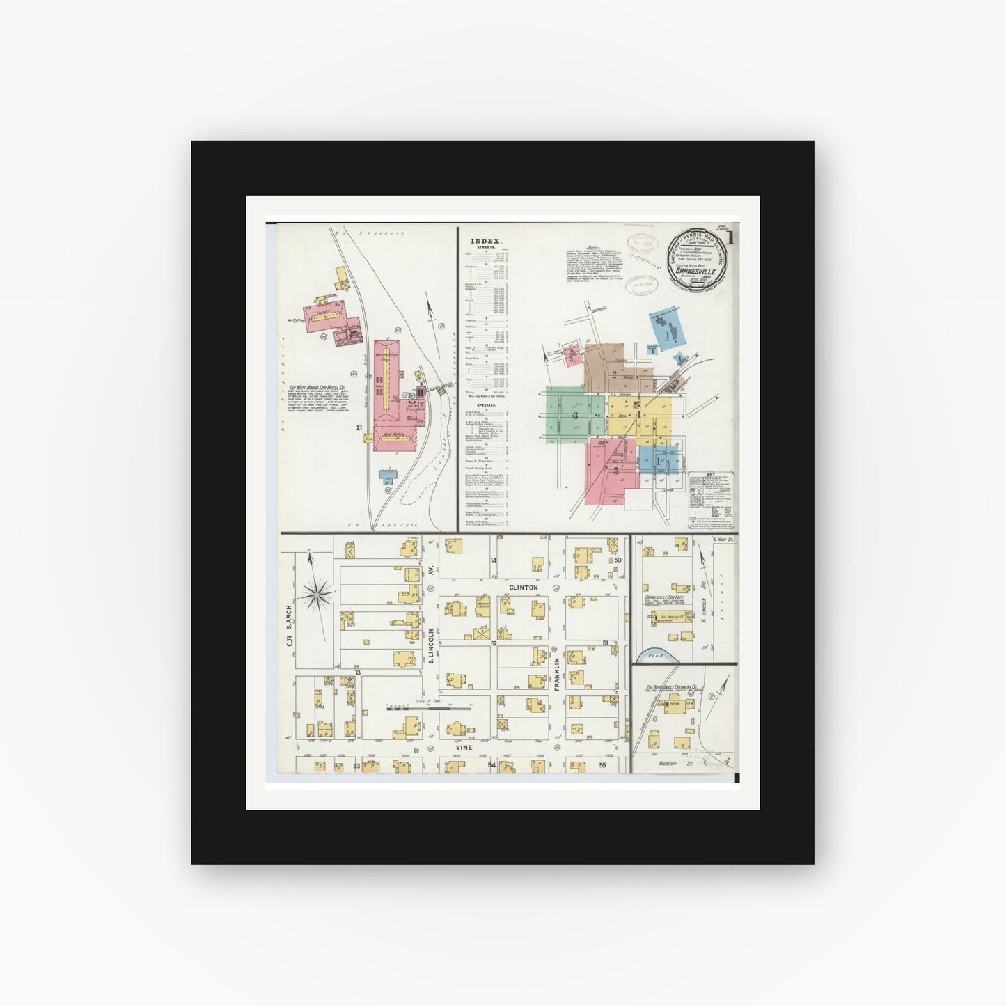 Old map wall art mockup — black gallery frame with white mat — Sanborn Fire Insurance Map from Barnesville, Belmont County, Ohio (1899) - Complete Map Set