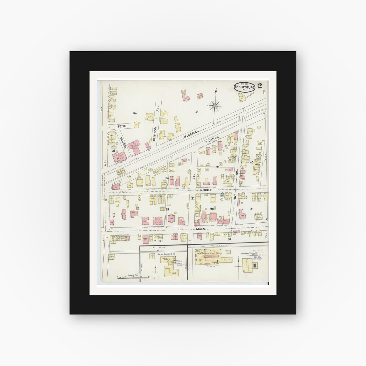 Old map wall art mockup — black gallery frame with white mat — Sanborn Fire Insurance Map from Sharpsburg, Allegheny County, Pennsylvania (1891), Sheet #0002