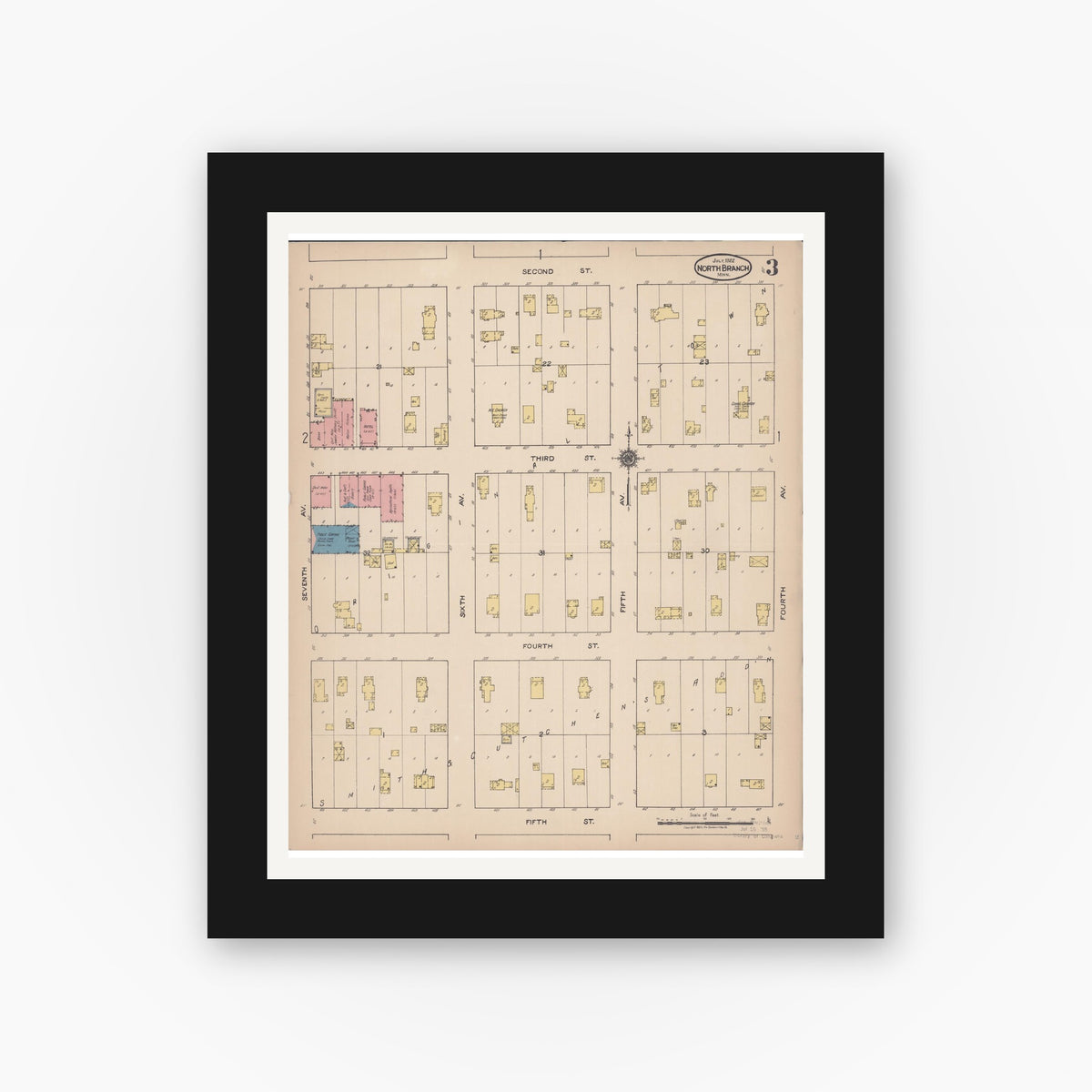 Old map wall art mockup — black gallery frame with white mat — Sanborn Fire Insurance Map from North Branch, Chisago County, Minnesota (1922), Sheet #0003