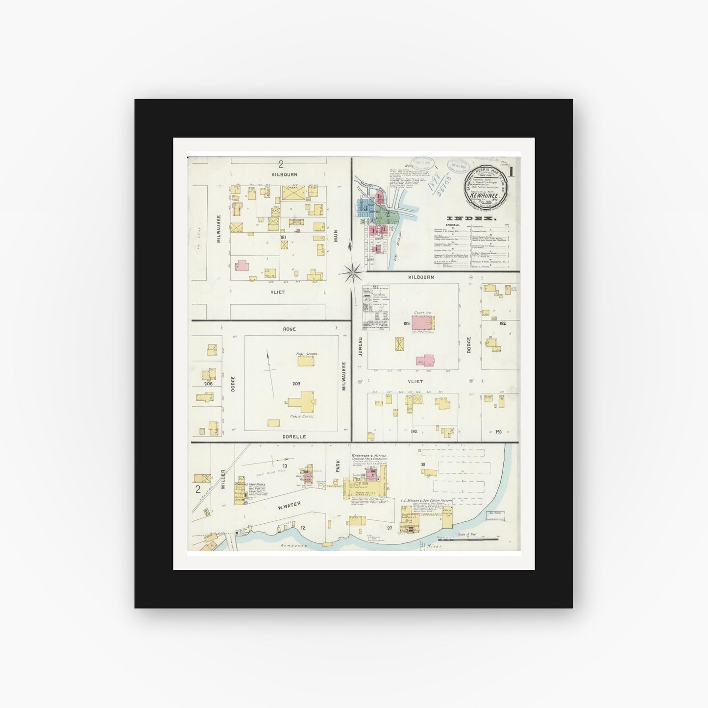 Old map wall art mockup — black gallery frame with white mat — Sanborn Fire Insurance Map from Kewaunee, Kewaunee County, Wisconsin (1898), Sheet #0001