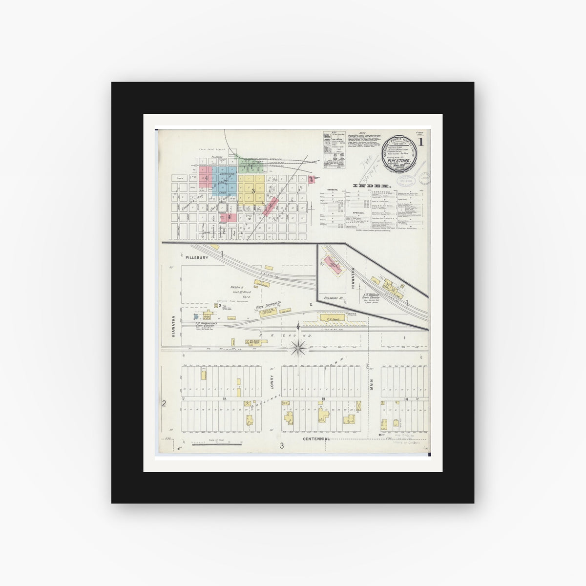 Old map wall art mockup — black gallery frame with white mat — Sanborn Fire Insurance Map from Pipestone, Pipestone County, Minnesota (1898), Sheet #0001
