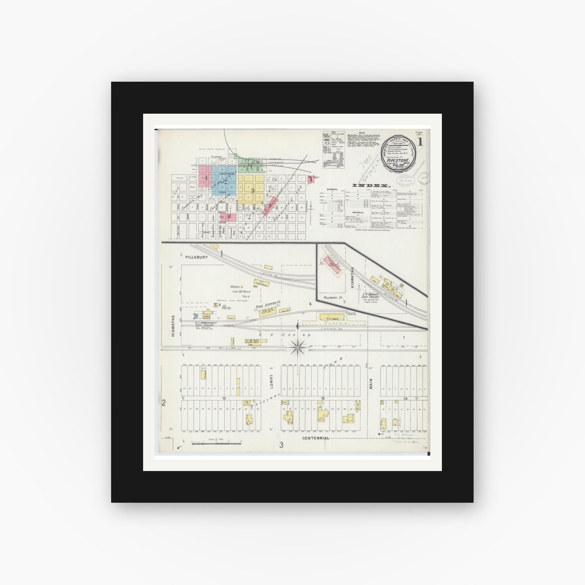 Old map wall art mockup — black gallery frame with white mat — Sanborn Fire Insurance Map from Pipestone, Pipestone County, Minnesota (1898), Sheet #0001