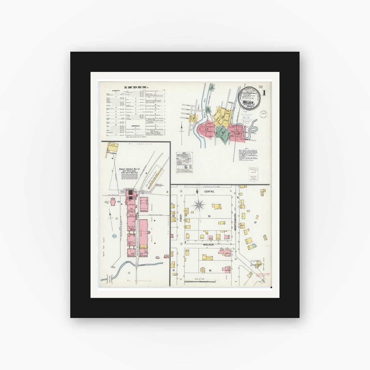 Old map wall art mockup — black gallery frame with white mat — Sanborn Fire Insurance Map from Walden, Orange County, New York (1900), Sheet #0001