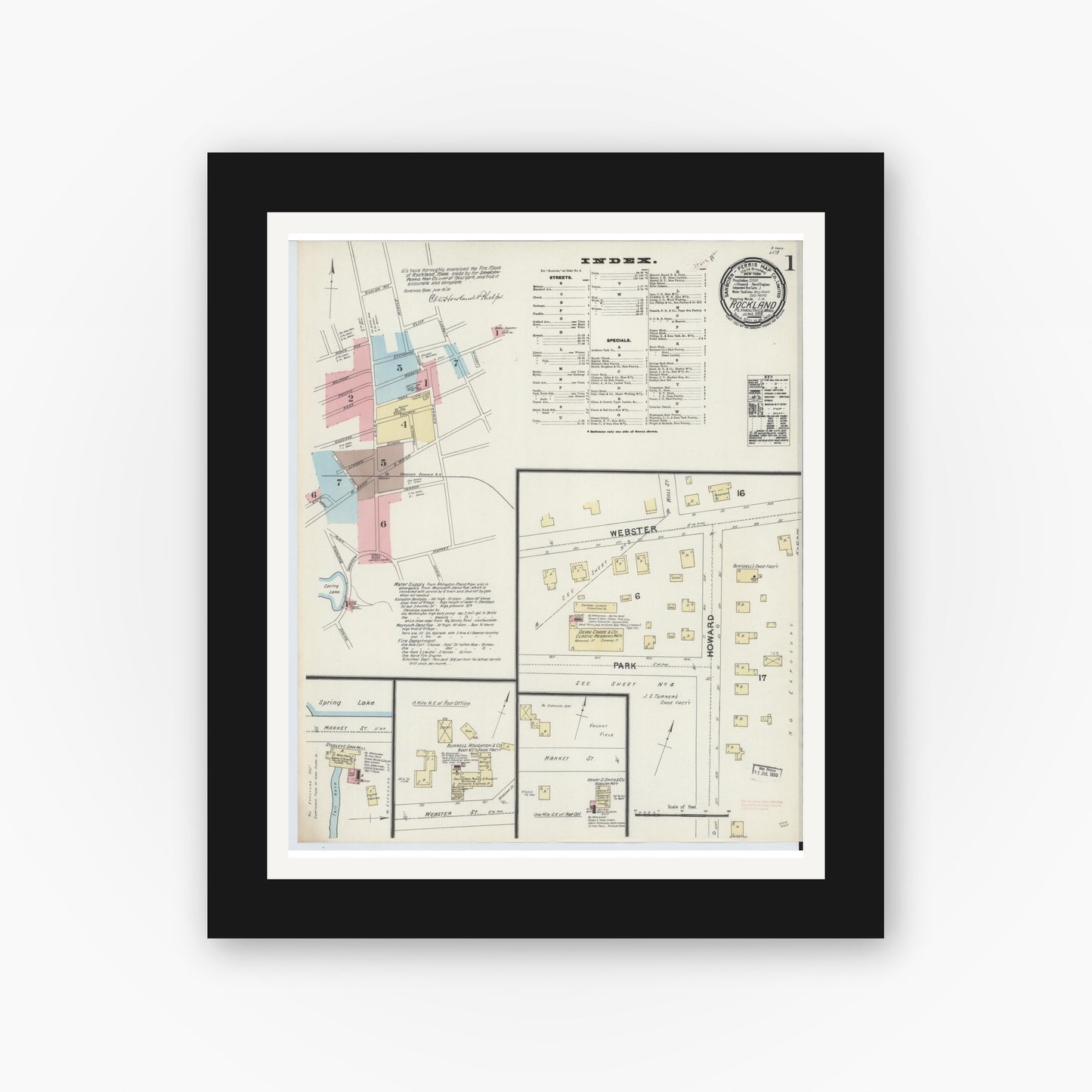 Old map wall art mockup — black gallery frame with white mat — Sanborn Fire Insurance Map from Rockland, Plymouth County, Massachusetts (1891), Sheet #0001