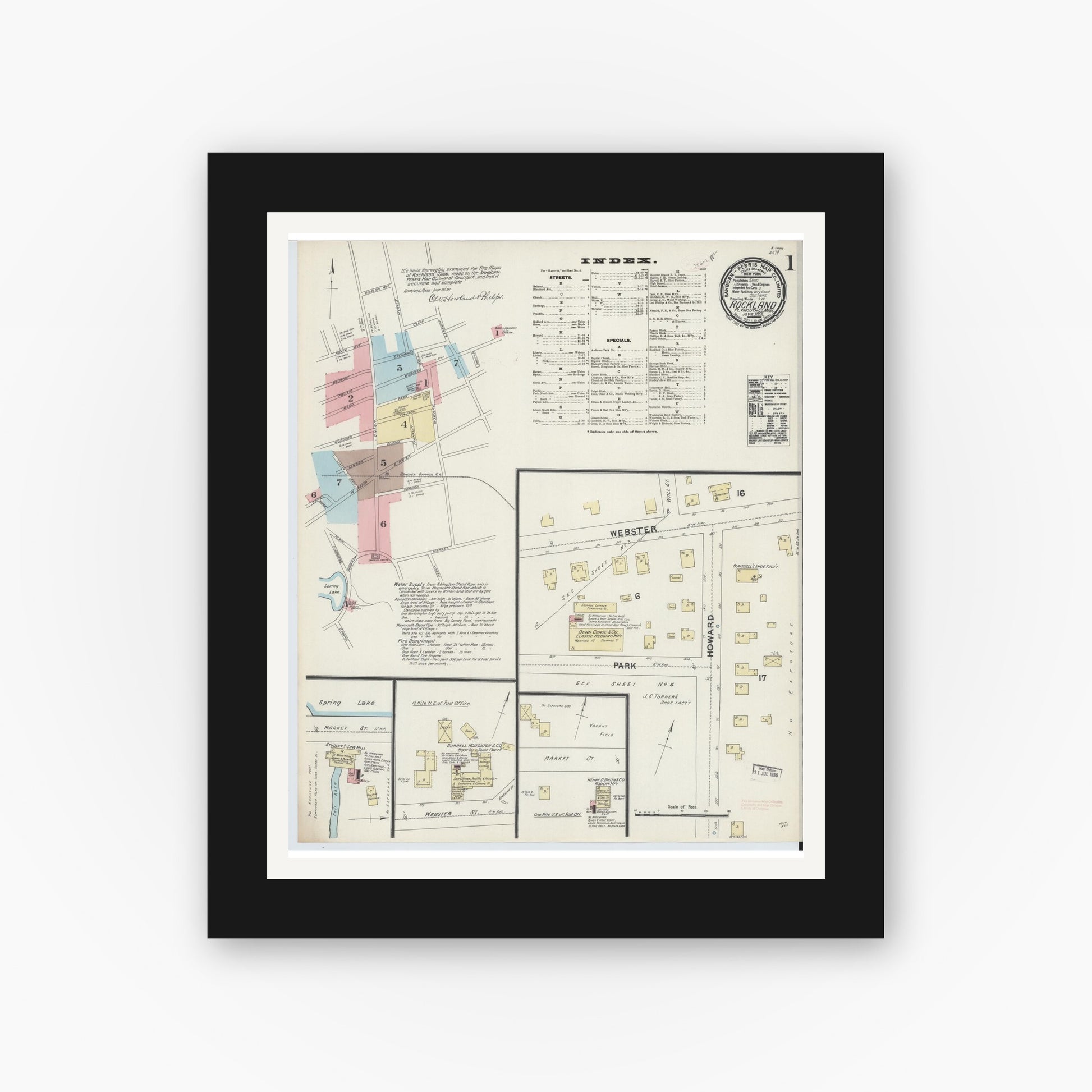 Old map wall art mockup — black gallery frame with white mat — Sanborn Fire Insurance Map from Rockland, Plymouth County, Massachusetts (1891), Sheet #0001