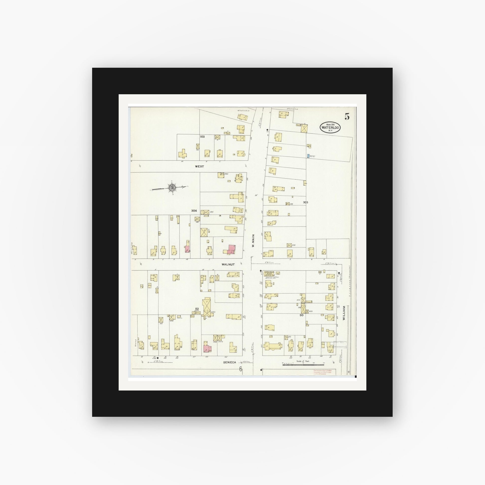 Old map wall art mockup — black gallery frame with white mat — Sanborn Fire Insurance Map from Waterloo, Seneca County, New York (1911), Sheet #0005