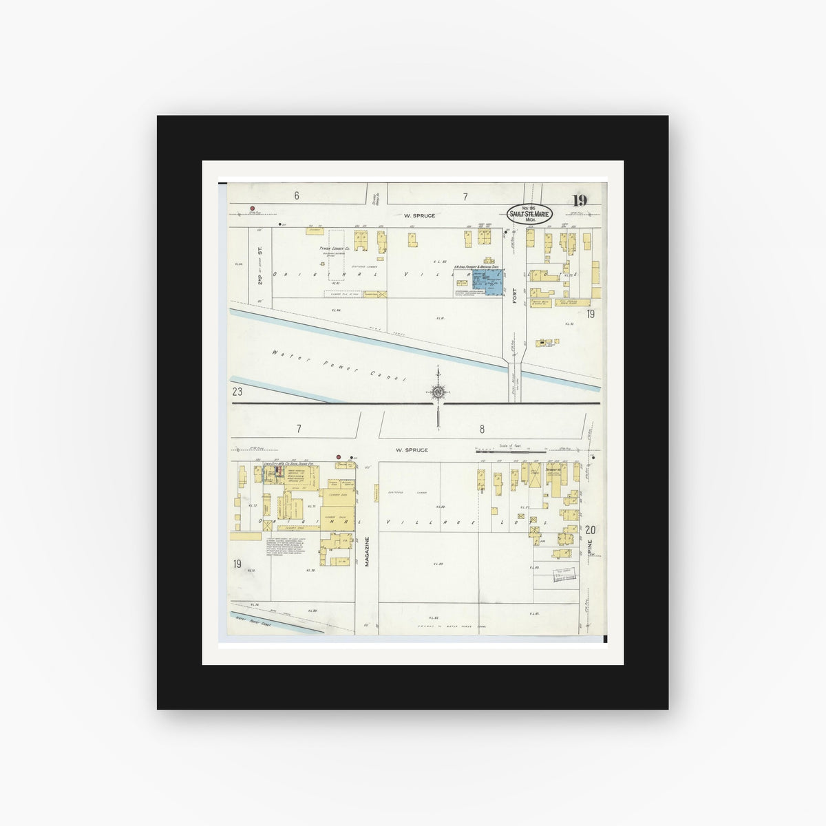 Old map wall art mockup — black gallery frame with white mat — Sanborn Fire Insurance Map from Sault Sainte Marie, Chippewa County, Michigan (1915), Sheet #0019