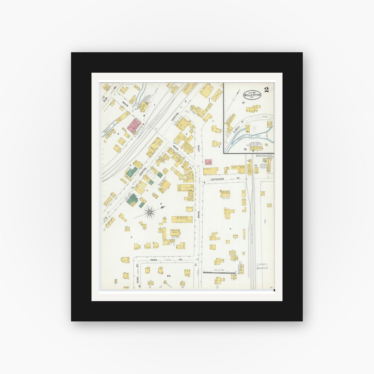 Old map wall art mockup — black gallery frame with white mat — Sanborn Fire Insurance Map from Millerton, Dutchess County, New York (1904), Sheet #0002