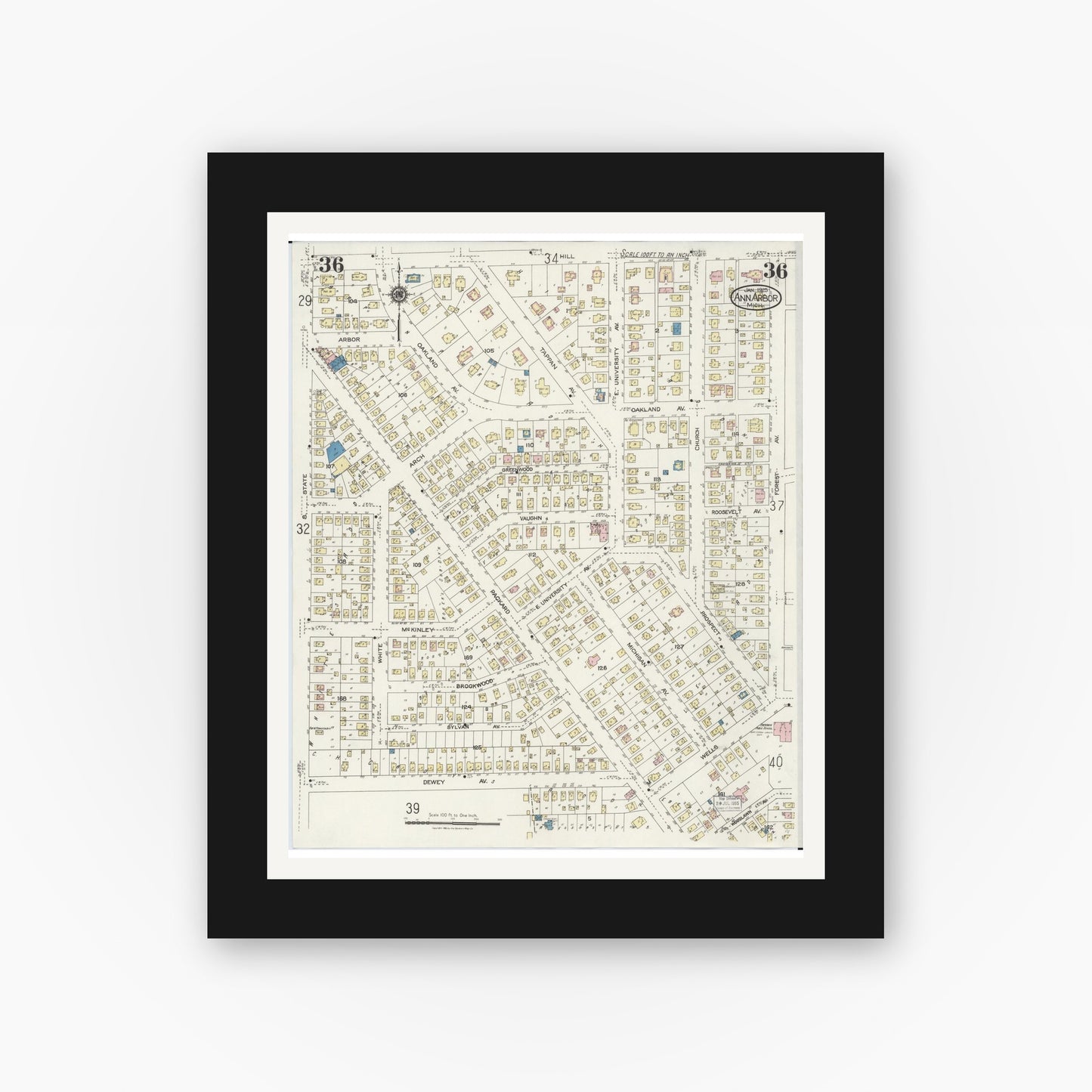 Old map wall art mockup — black gallery frame with white mat — Sanborn Fire Insurance Map from Ann Arbor, Washtenaw County, Michigan (1925), Sheet #0036