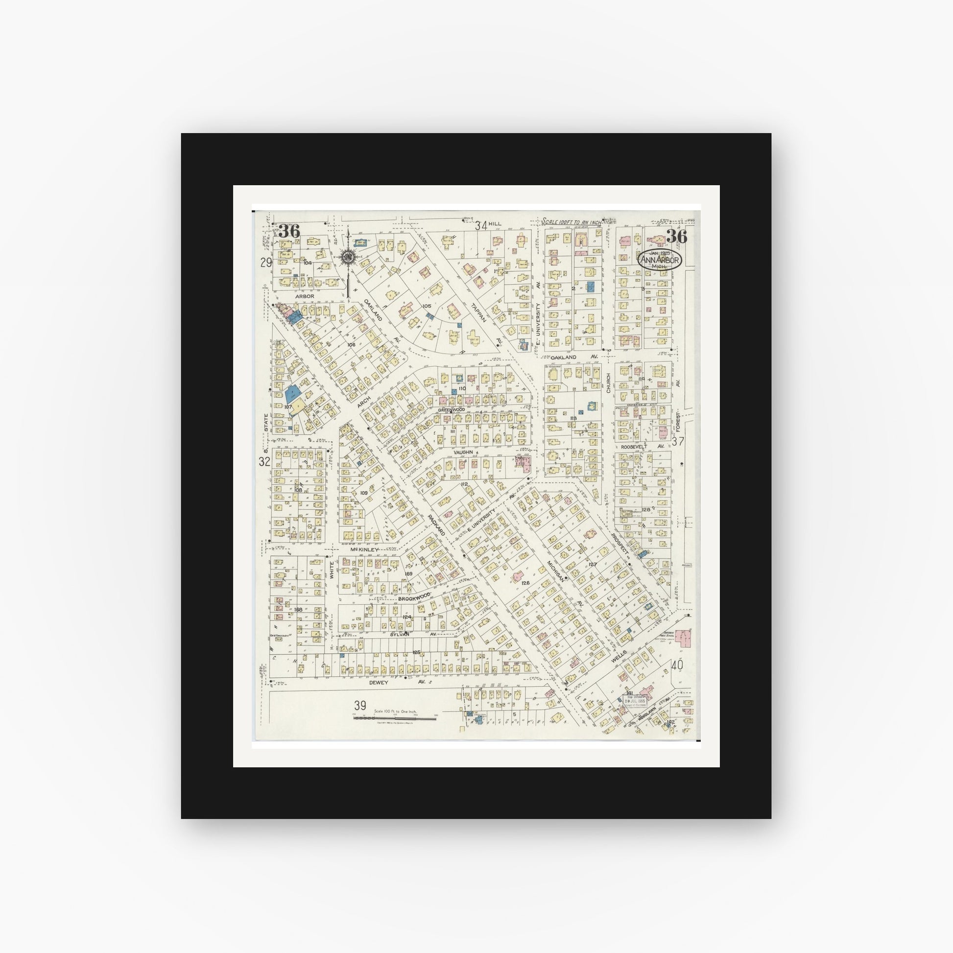 Old map wall art mockup — black gallery frame with white mat — Sanborn Fire Insurance Map from Ann Arbor, Washtenaw County, Michigan (1925), Sheet #0036