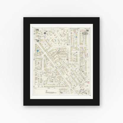 Old map wall art mockup — black gallery frame with white mat — Sanborn Fire Insurance Map from Ann Arbor, Washtenaw County, Michigan (1925), Sheet #0036