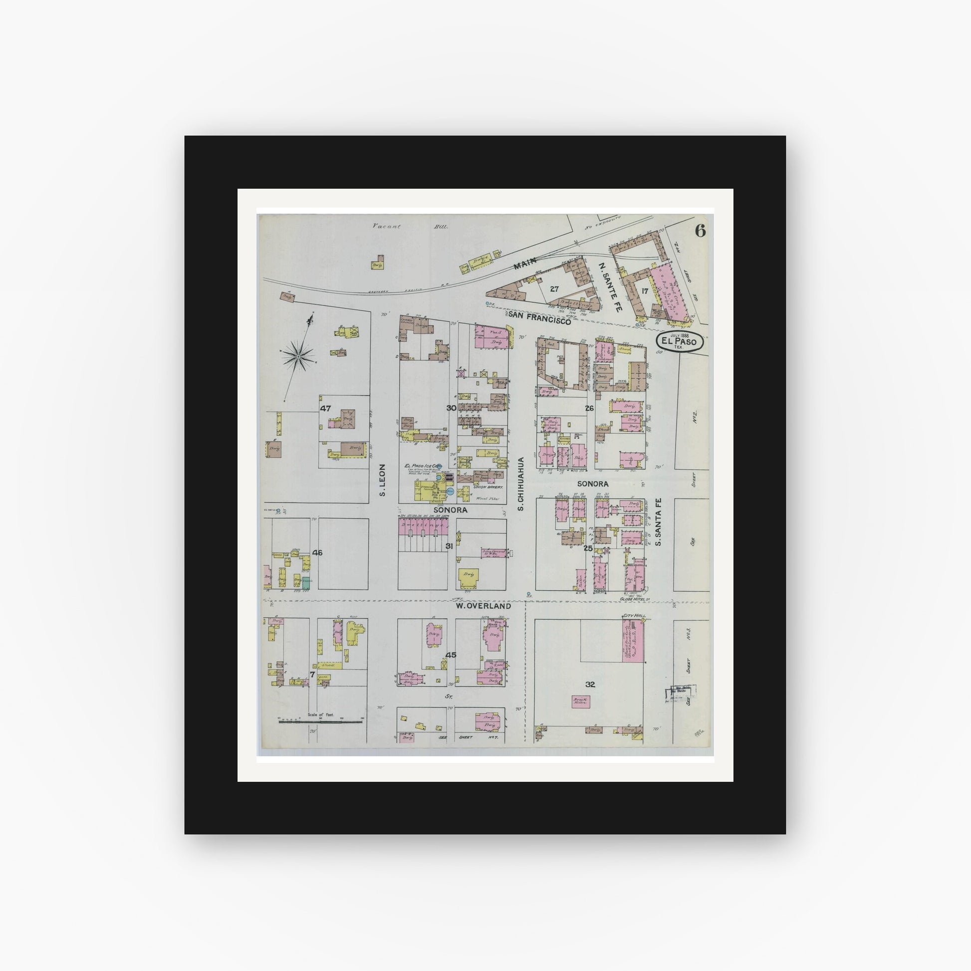 Old map wall art mockup — black gallery frame with white mat — Sanborn Fire Insurance Map from El Paso, El Paso County, Texas (1888), Sheet #0006