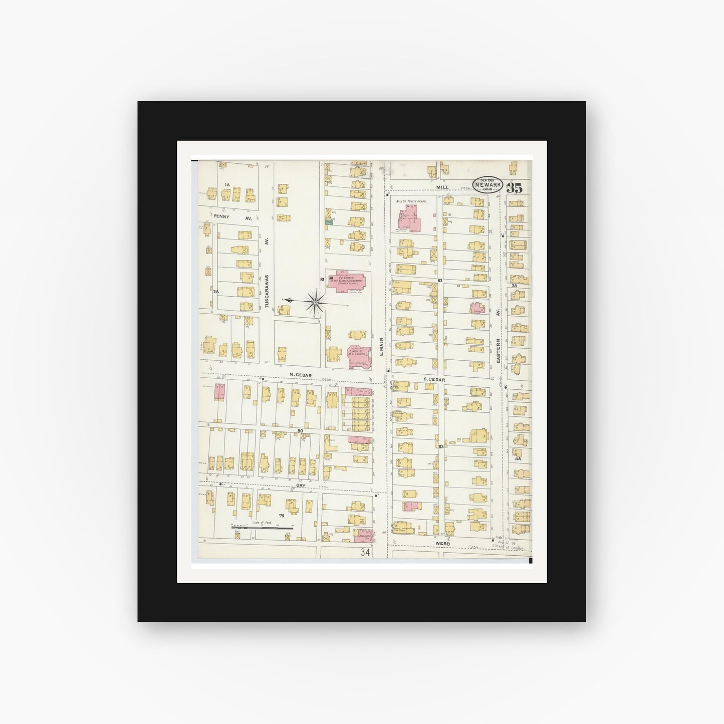 Old map wall art mockup — black gallery frame with white mat — Sanborn Fire Insurance Map from Newark, Licking County, Ohio (1905), Sheet #0035