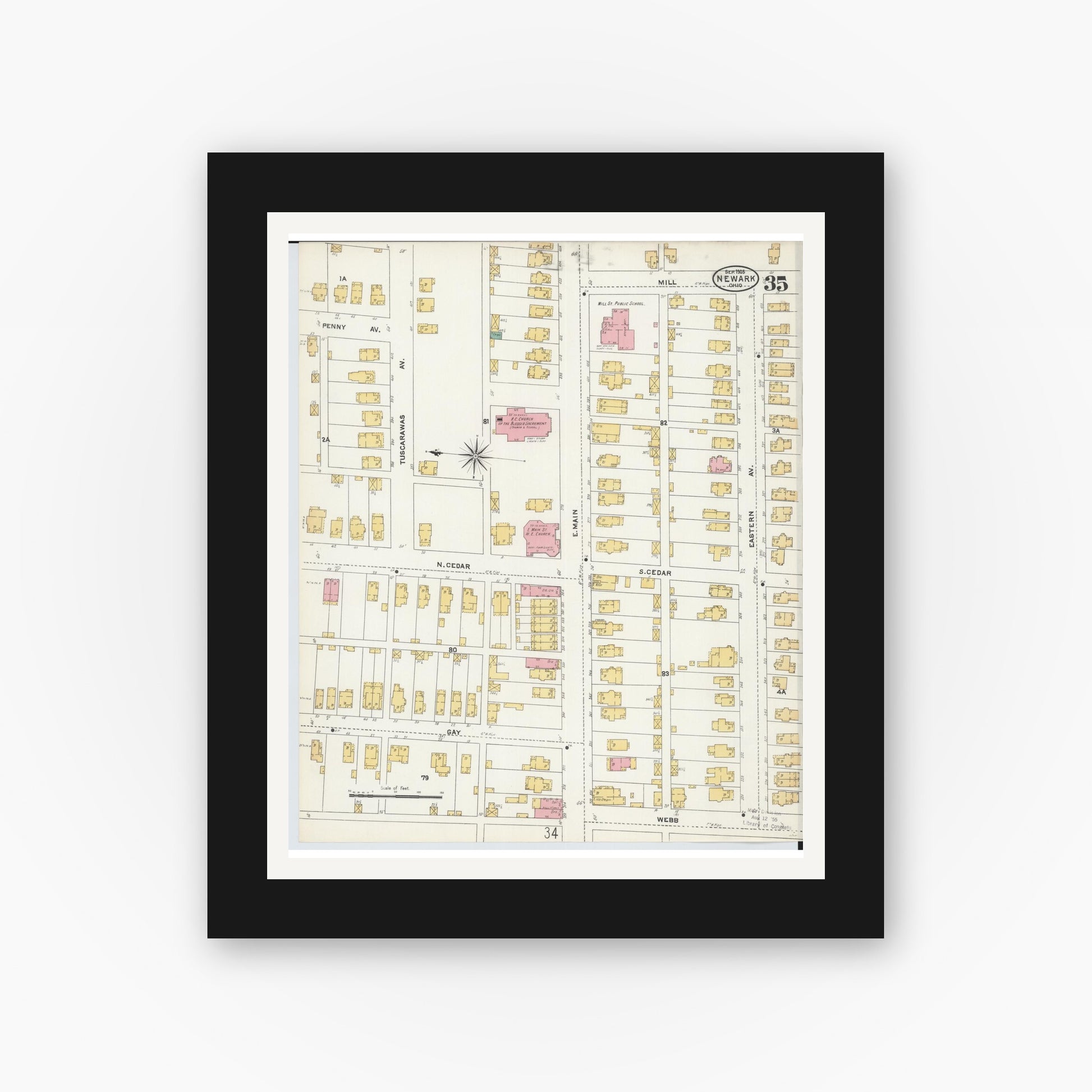 Old map wall art mockup — black gallery frame with white mat — Sanborn Fire Insurance Map from Newark, Licking County, Ohio (1905), Sheet #0035