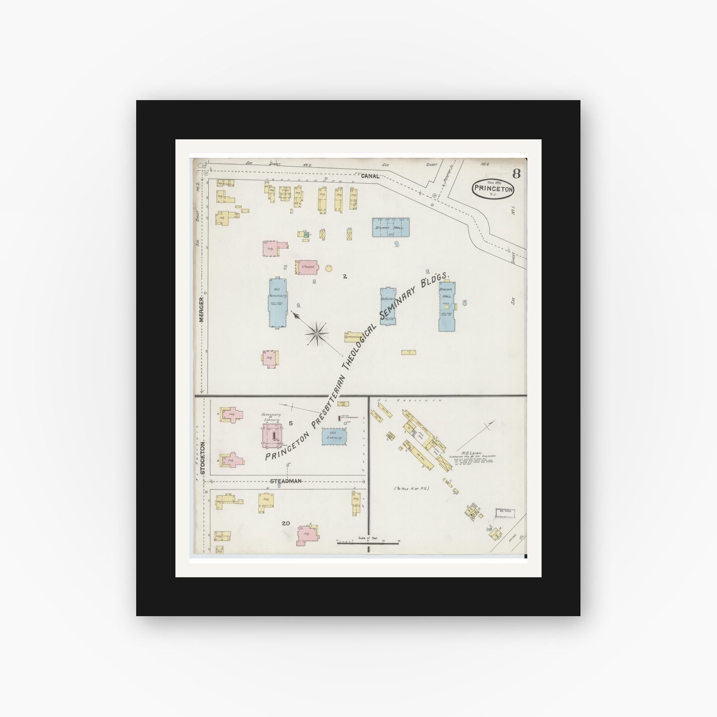Old map wall art mockup — black gallery frame with white mat — Sanborn Fire Insurance Map from Princeton, Mercer County, New Jersey (1890), Sheet #0008