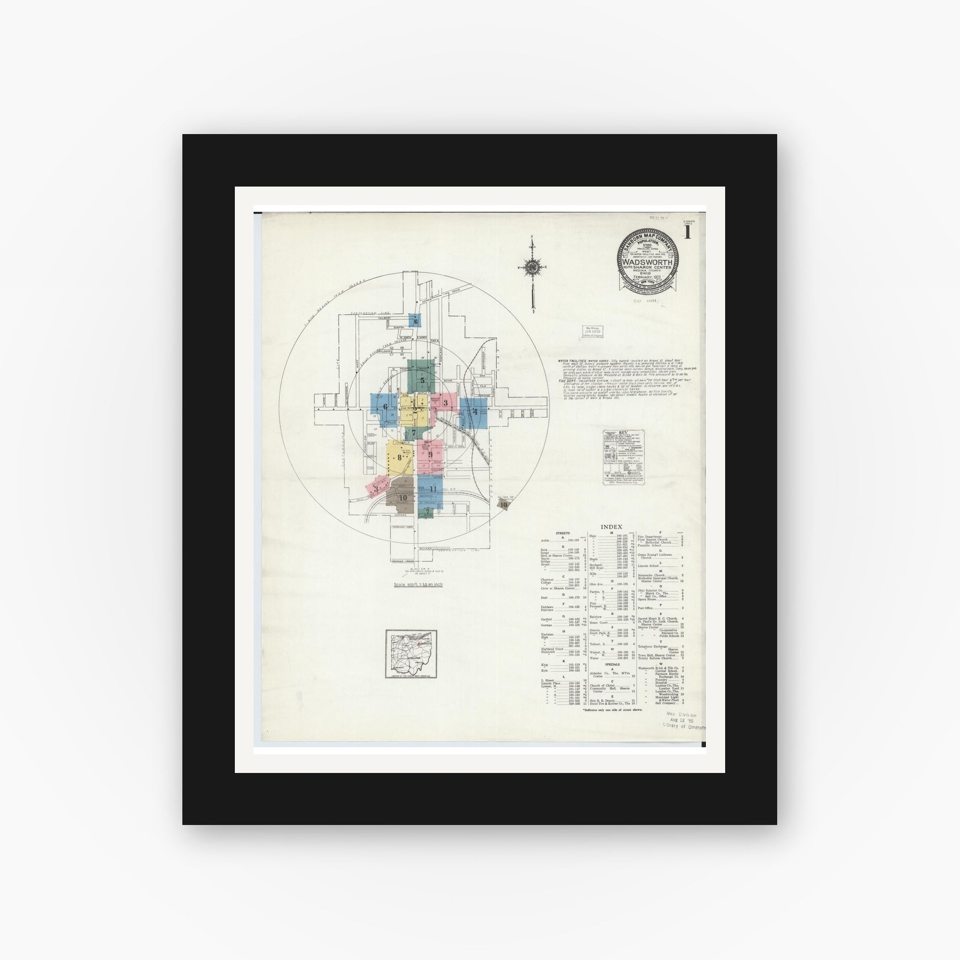 Old map wall art mockup — black gallery frame with white mat — Sanborn Fire Insurance Map from Wadsworth, Medina County, Ohio (1923), Sheet #0001