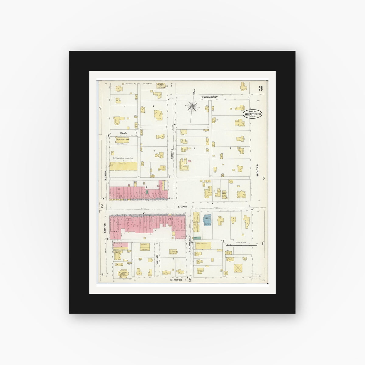 Old map wall art mockup — black gallery frame with white mat — Sanborn Fire Insurance Map from Whitesboro, Grayson County, Texas (1907), Sheet #0003