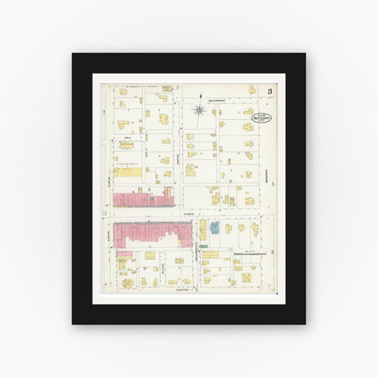 Old map wall art mockup — black gallery frame with white mat — Sanborn Fire Insurance Map from Whitesboro, Grayson County, Texas (1907), Sheet #0003