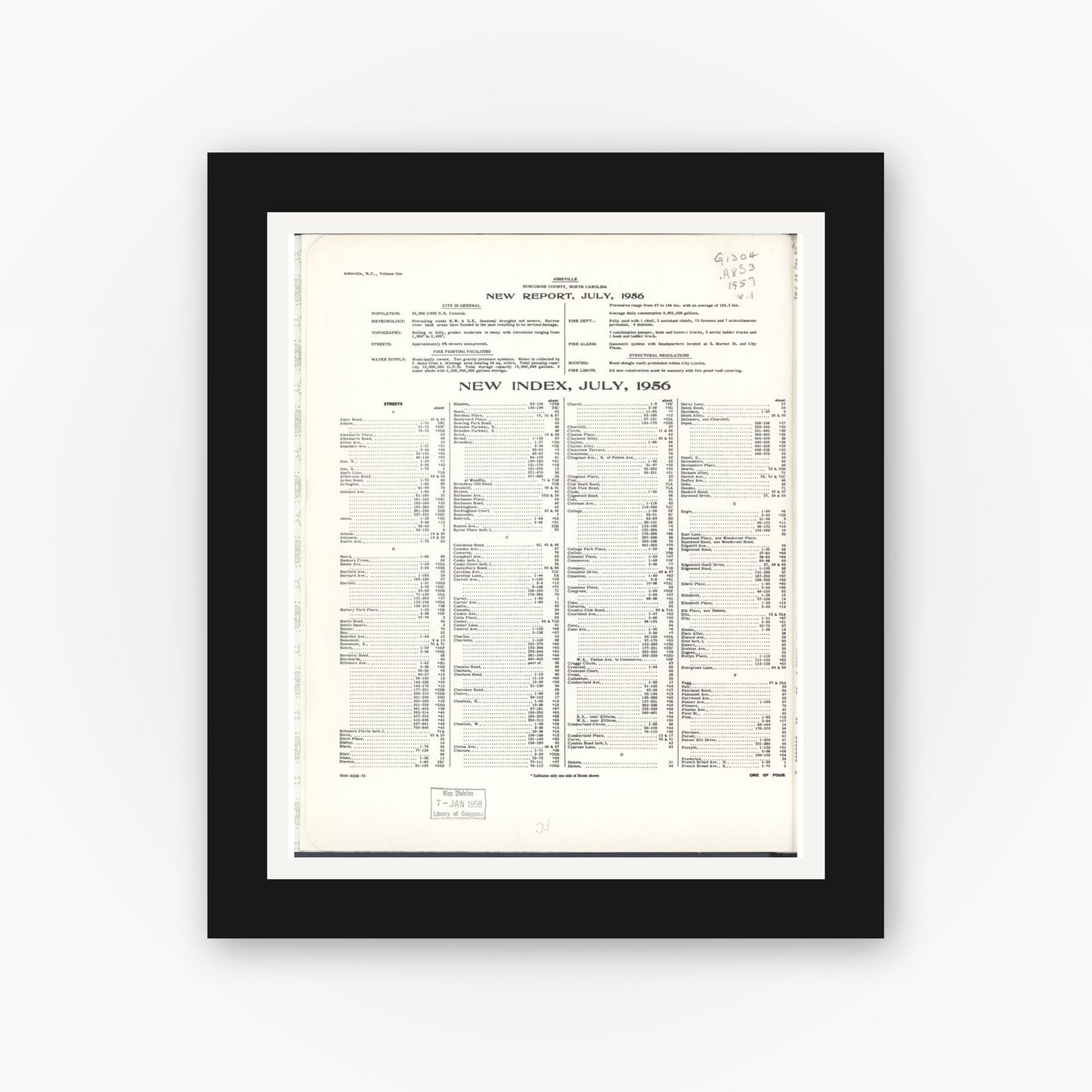 Old map wall art mockup — black gallery frame with white mat — Sanborn Fire Insurance Map from Asheville, Buncombe County, North Carolina (1957) - Complete Map Set