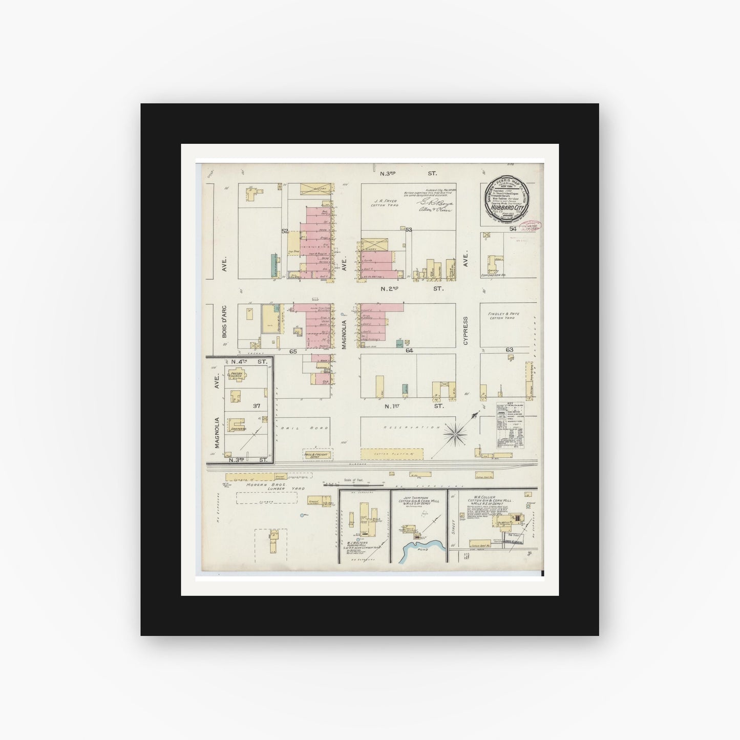 Old map wall art mockup — black gallery frame with white mat — Sanborn Fire Insurance Map from Hubbard, Hill County, Texas (1893), Sheet #0001