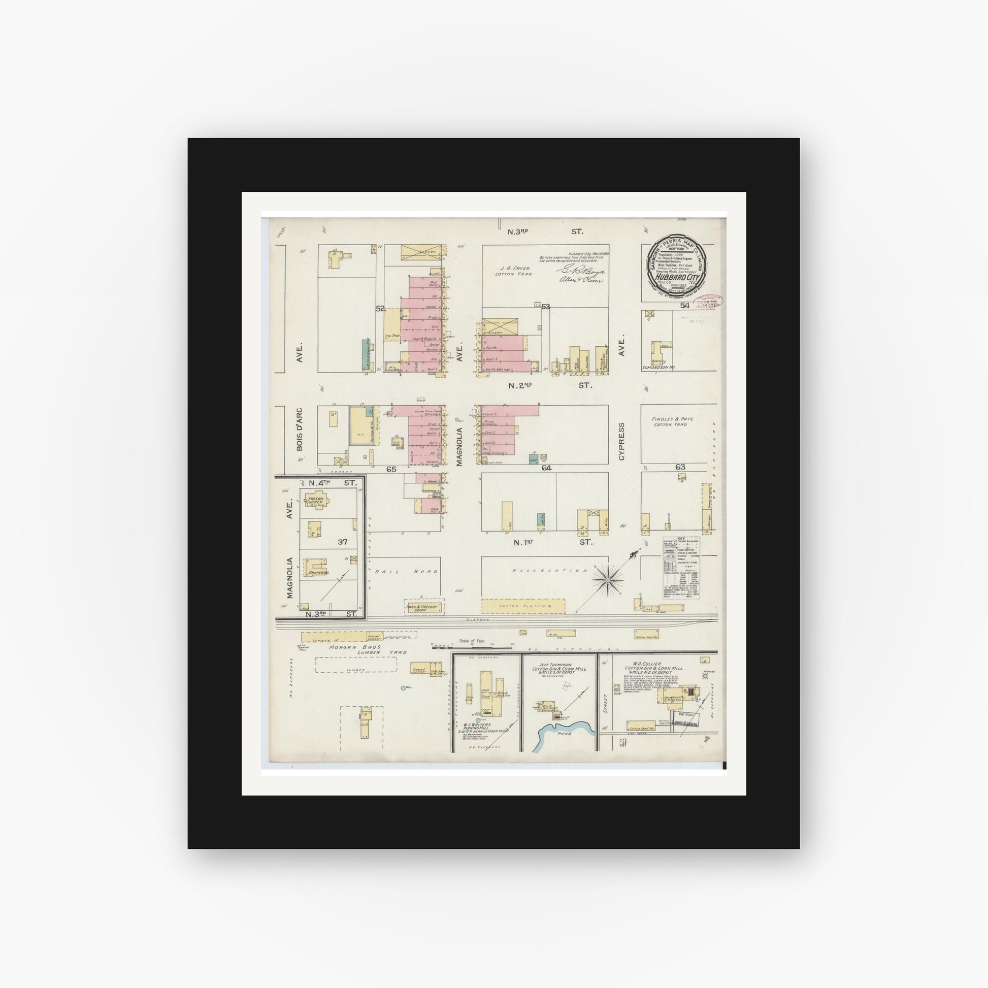 Old map wall art mockup — black gallery frame with white mat — Sanborn Fire Insurance Map from Hubbard, Hill County, Texas (1893), Sheet #0001