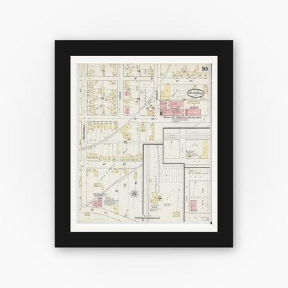 Old map wall art mockup — black gallery frame with white mat — Sanborn Fire Insurance Map from Columbus, Bartholomew County, Indiana (1890), Sheet #0010