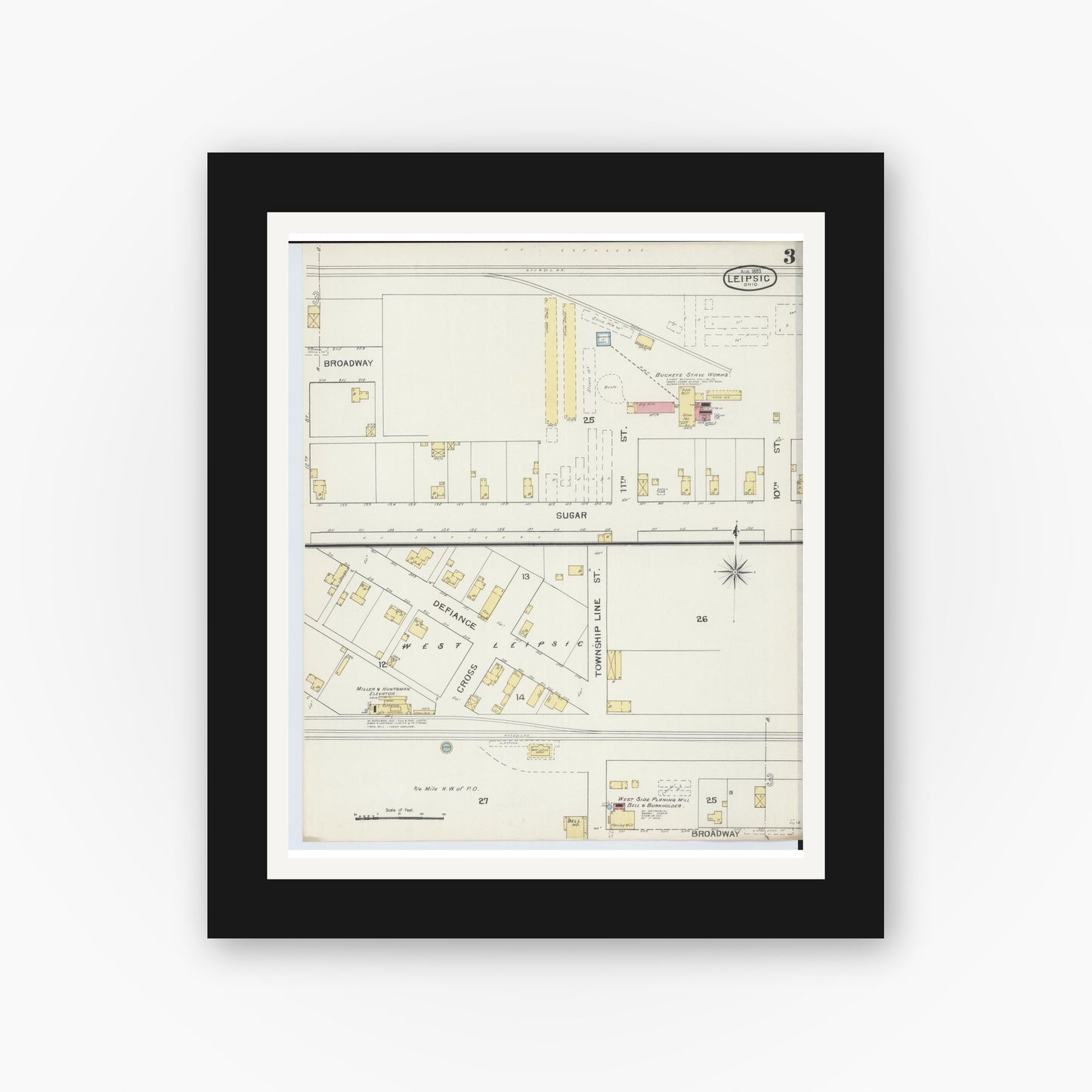 Old map wall art mockup — black gallery frame with white mat — Sanborn Fire Insurance Map from Leipsic, Putnam County, Ohio (1893), Sheet #0003